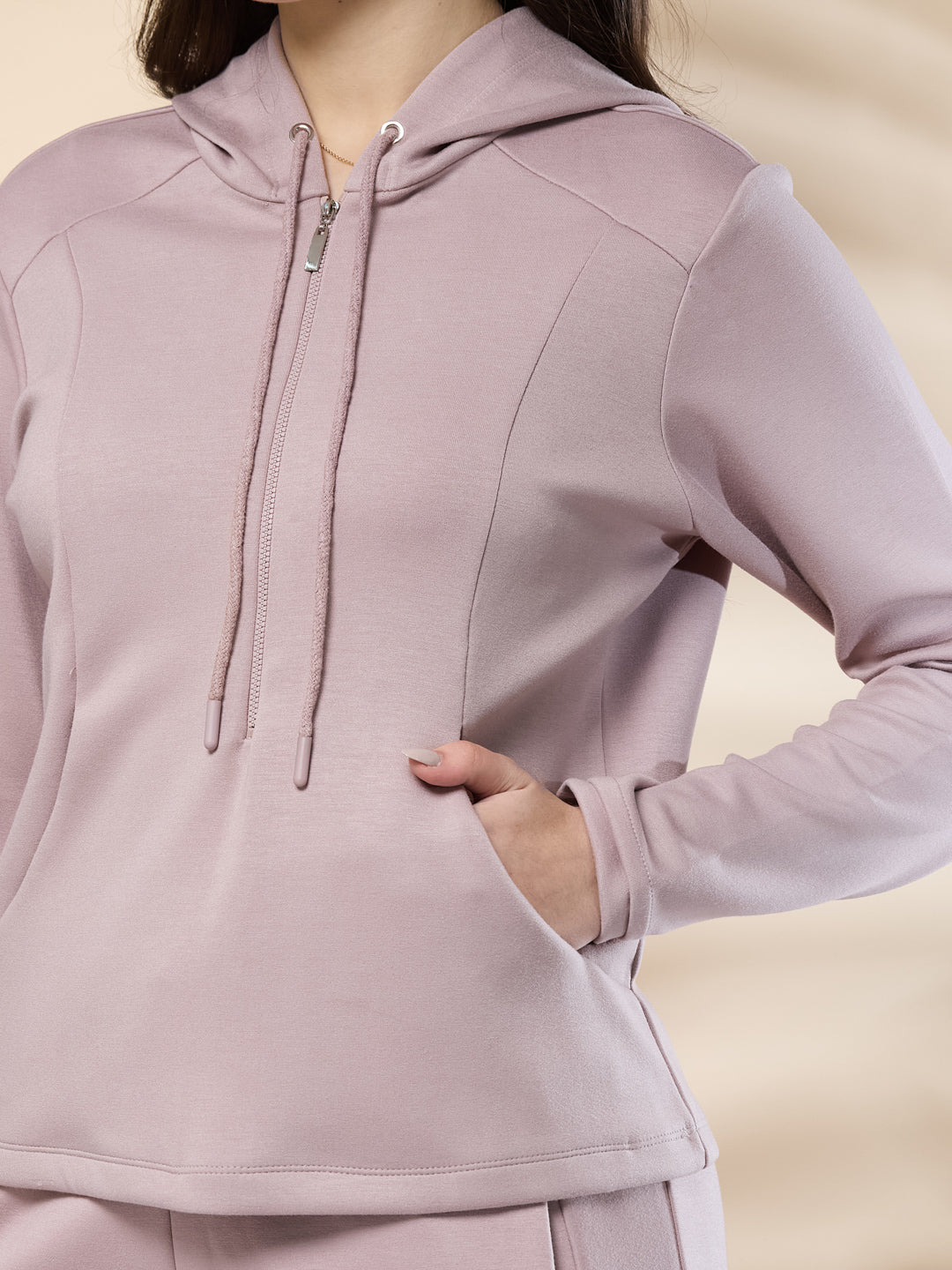 Latin Quarters Women's Solid Pink Full Sleeve Hooded Neck Casual High Rise Co-Ord Set