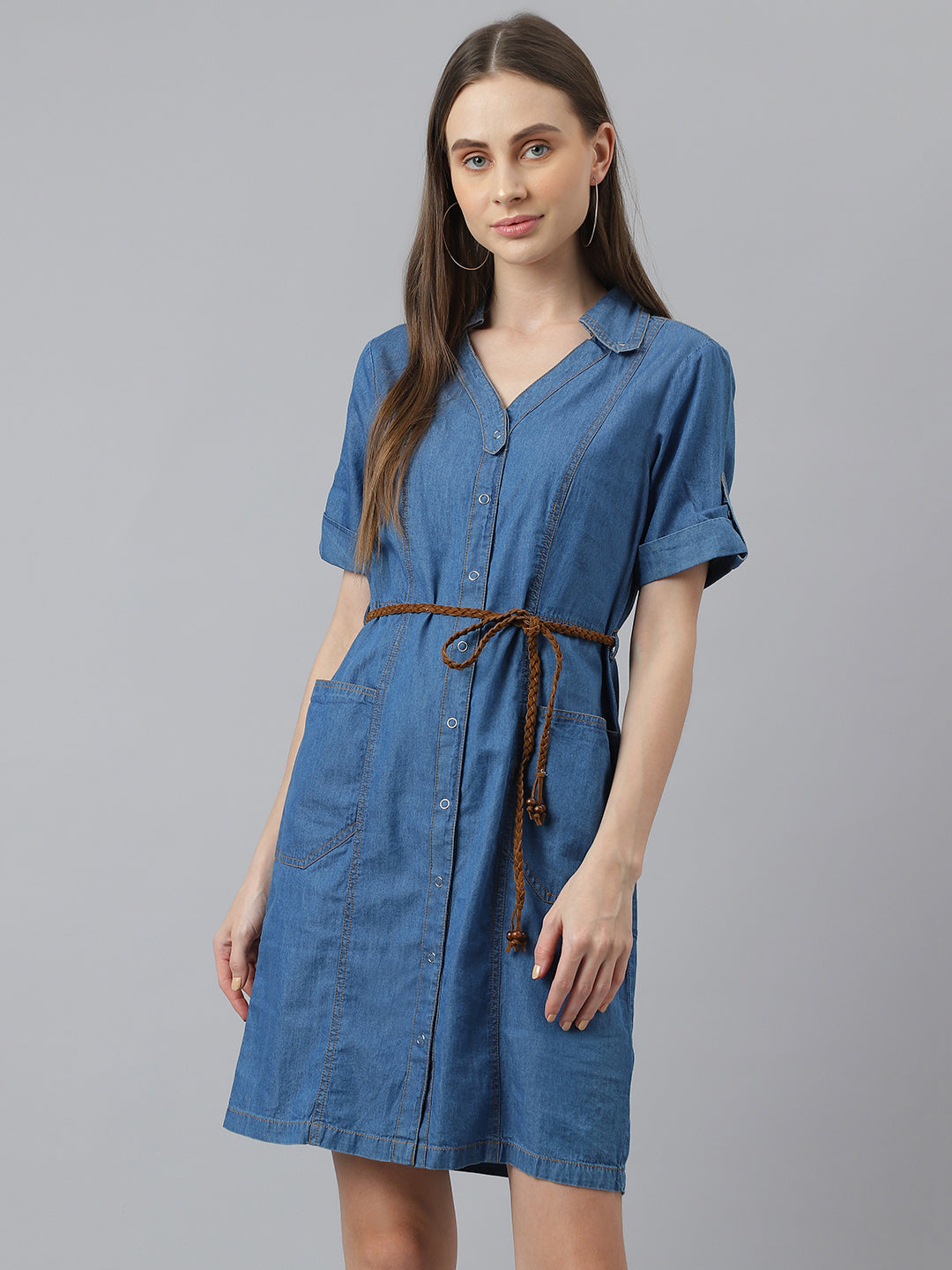 Blue Half Sleeve Normal Shirt Dress