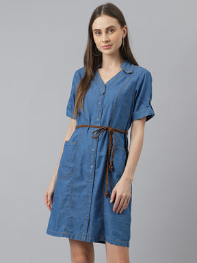 Blue Half Sleeve Normal Shirt Dress