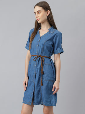 Blue Half Sleeve Normal Shirt Dress