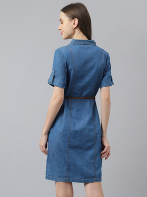 Blue Half Sleeve Normal Shirt Dress