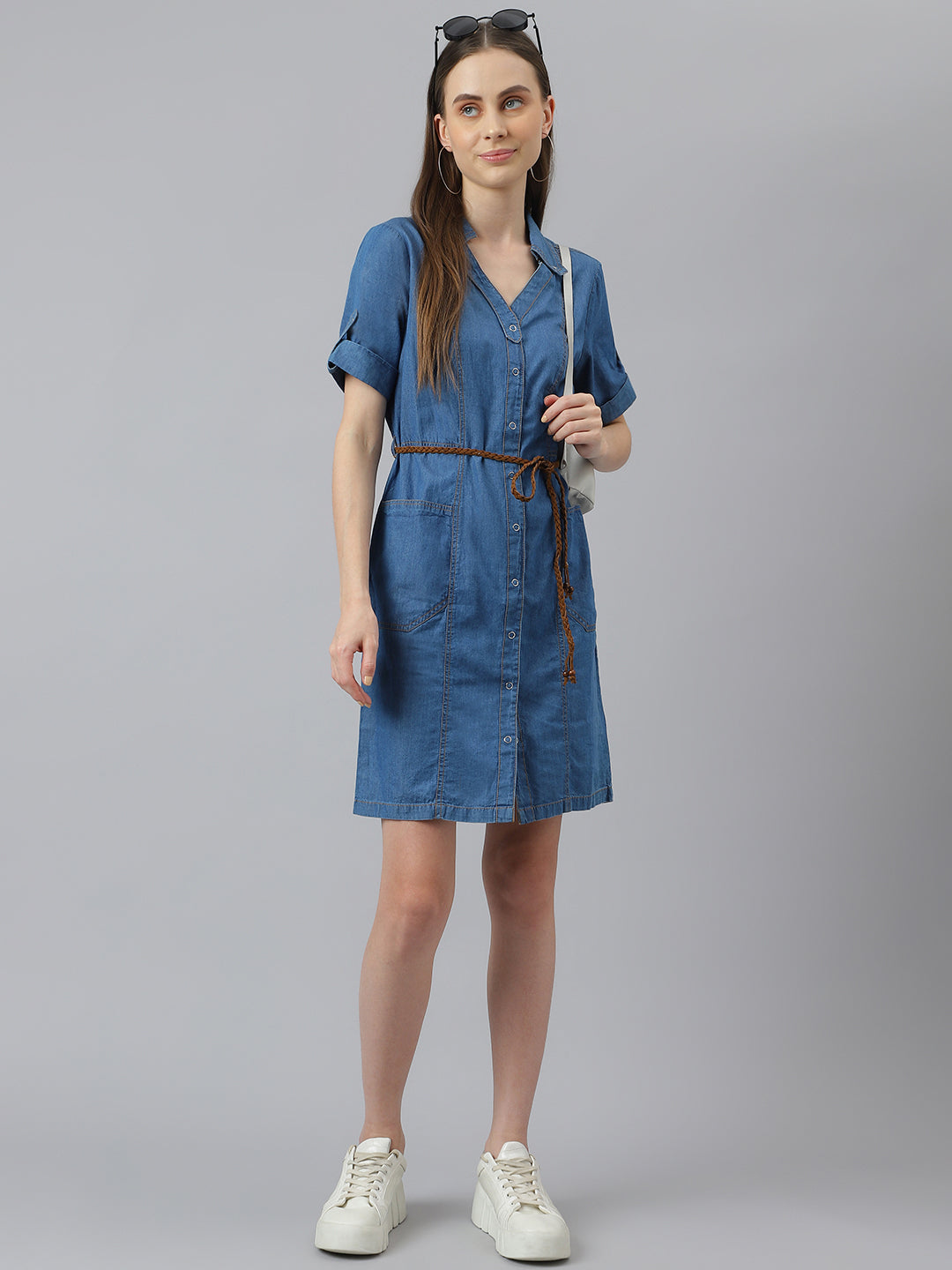 Blue Half Sleeve Normal Shirt Dress