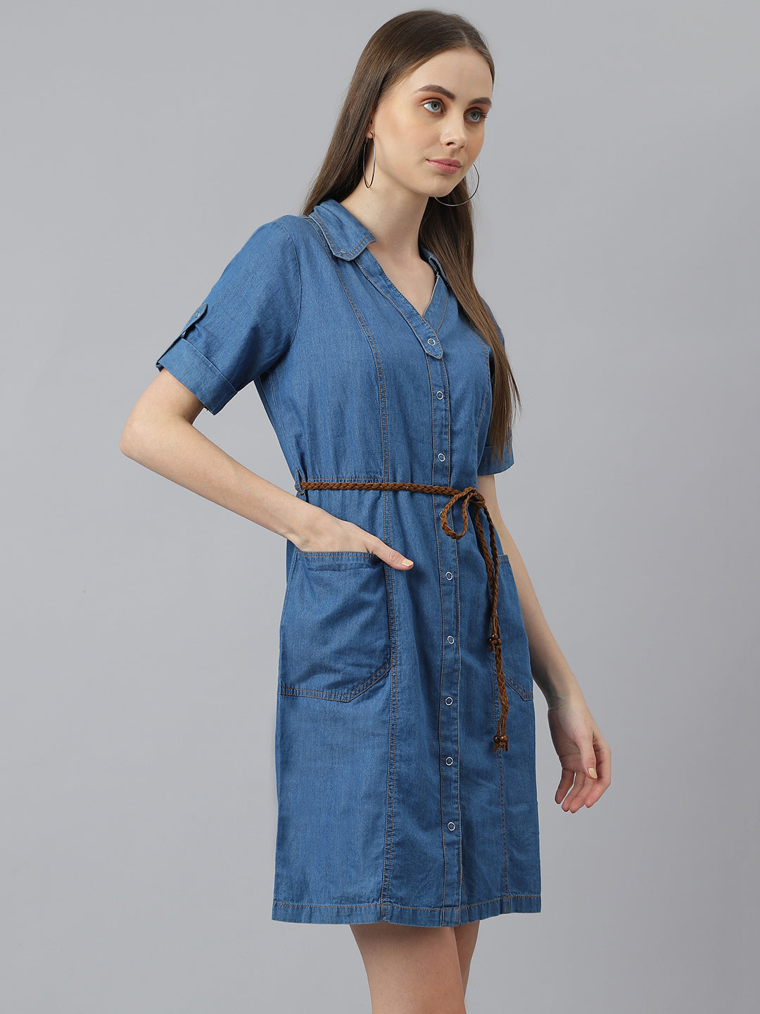 Blue Half Sleeve Normal Shirt Dress