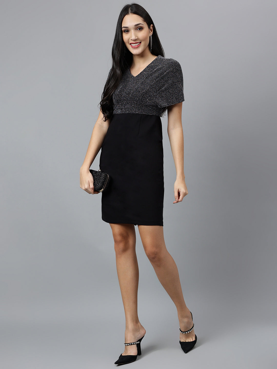 Black Solid Half Sleeve Party Lurex Dress