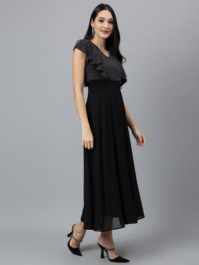 Black Solid Cap Sleeve Party Maxi Dress