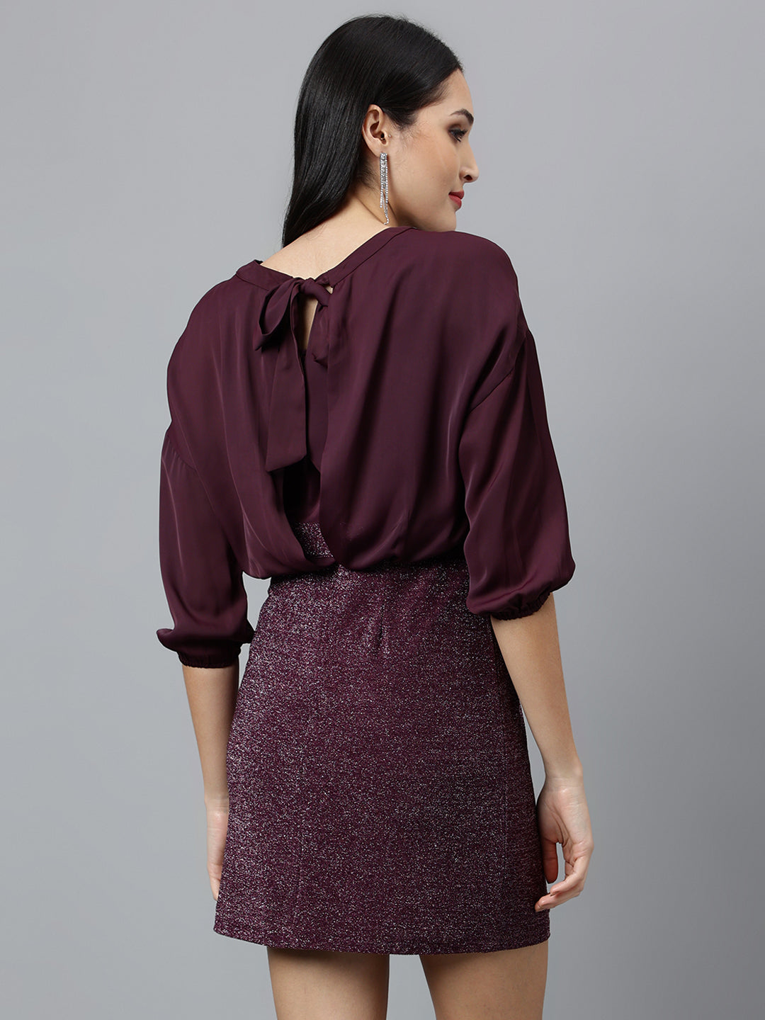 Purple Solid 3/4 Sleeve Party Dress