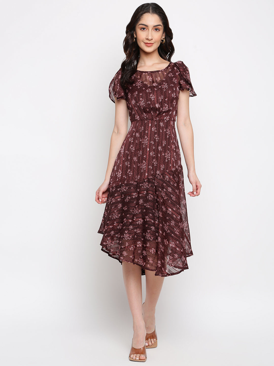 Maroon Cape Sleeve Printed Polyester Dress