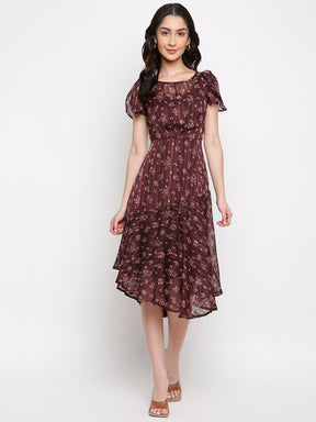 Maroon Cape Sleeve Printed Polyester Dress