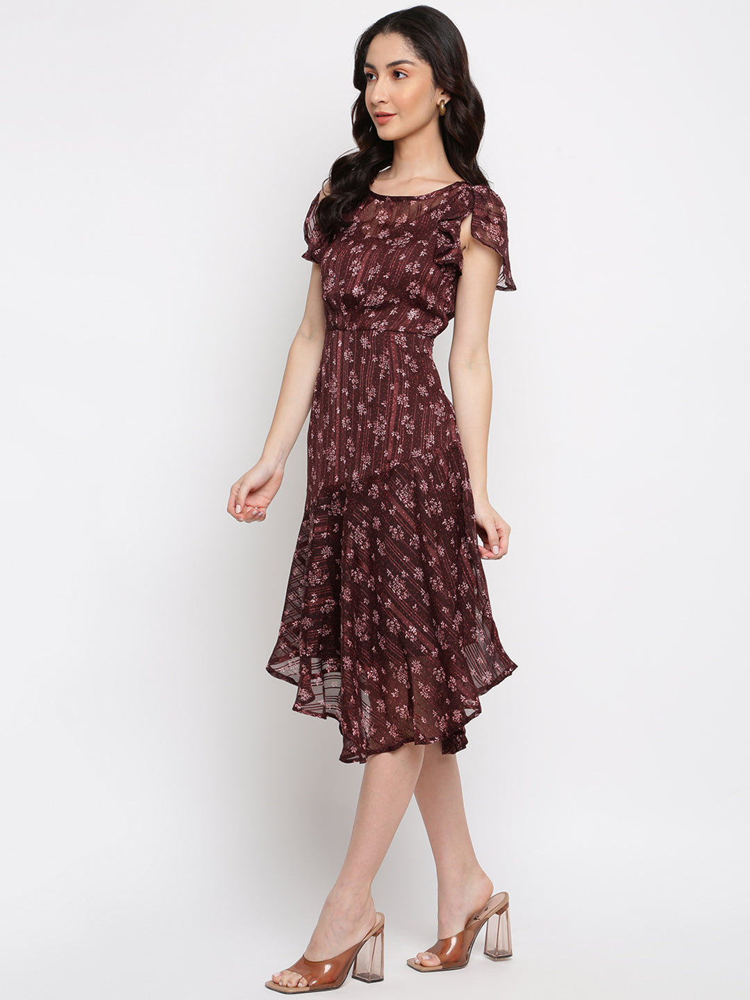 Maroon Cape Sleeve Printed Polyester Dress