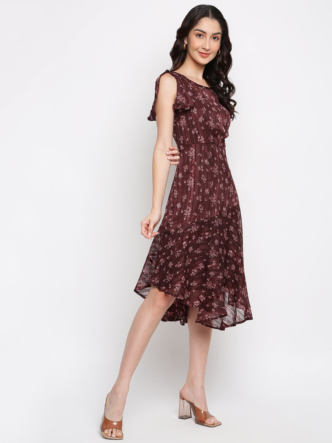 Maroon Cape Sleeve Printed Polyester Dress