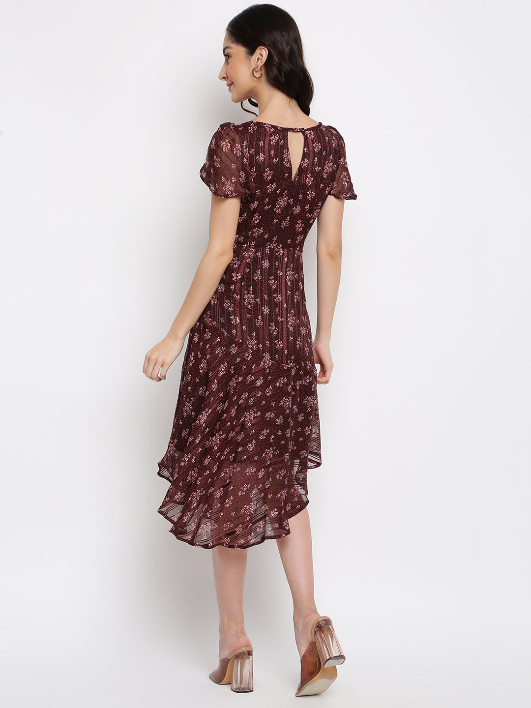 Maroon Cape Sleeve Printed Polyester Dress