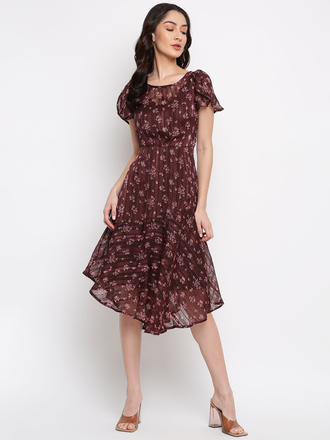 Maroon Cape Sleeve Printed Polyester Dress