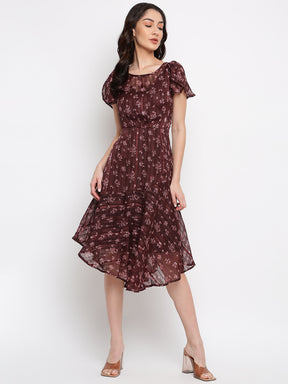 Maroon Cape Sleeve Printed Polyester Dress