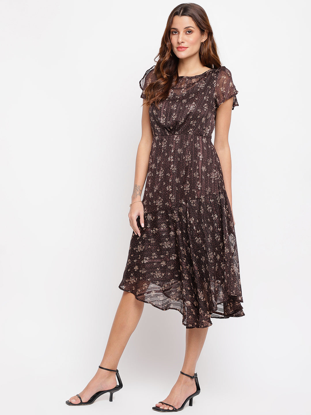 Brown Cape Sleeve Printed Polyester Dress