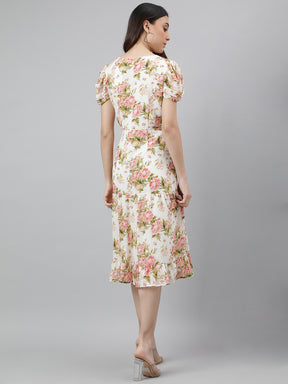 Red Half Sleeve Square Neck Floral Print A-Line Women Dress for Casual