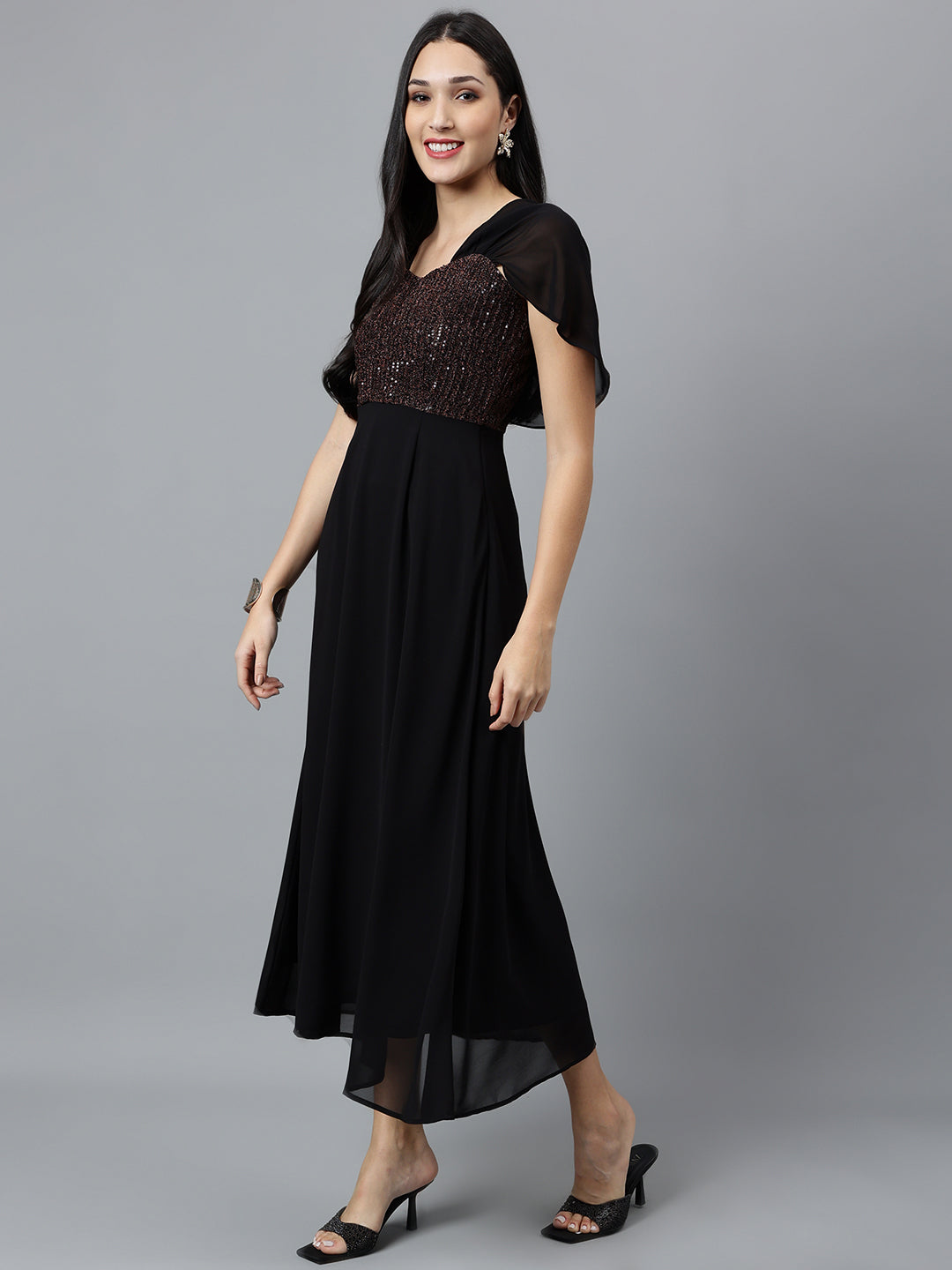 Black Solid Half Sleeve Party Maxi Dress