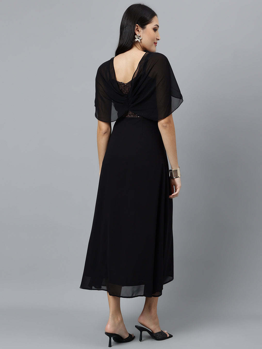 Black Solid Half Sleeve Party Maxi Dress
