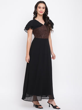Black Half Sleeve Solid Polyester Dress