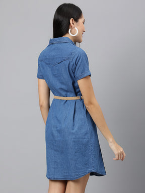 Blue Solid Half Sleeve Party Denim Dress