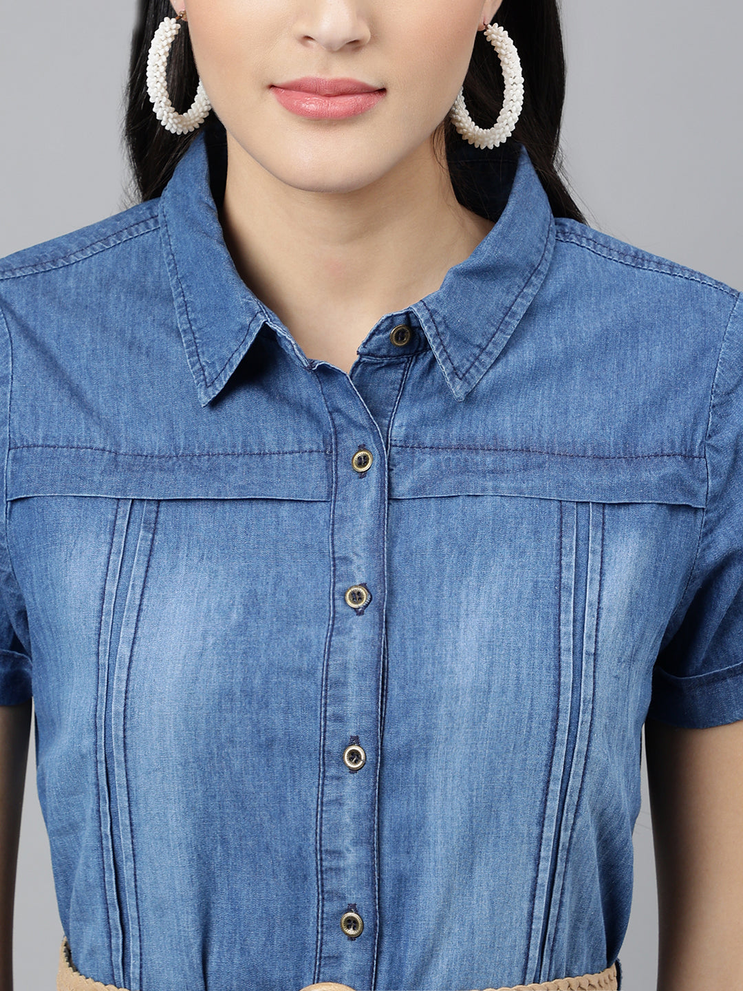 Blue Solid Half Sleeve Party Denim Dress