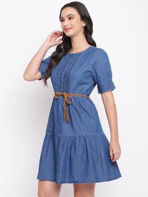 Blue Half Sleeve Solid Cotton Dress