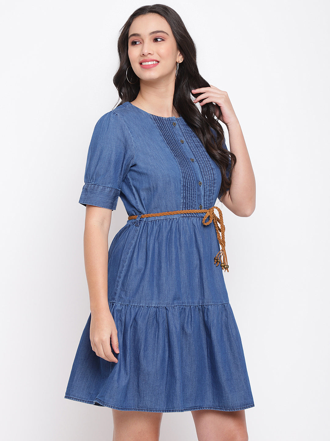 Blue Half Sleeve Solid Cotton Dress