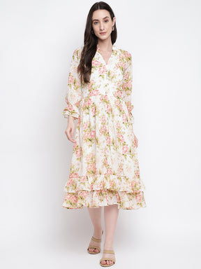 Red 3/4 Sleeve Printed Polyester Dress