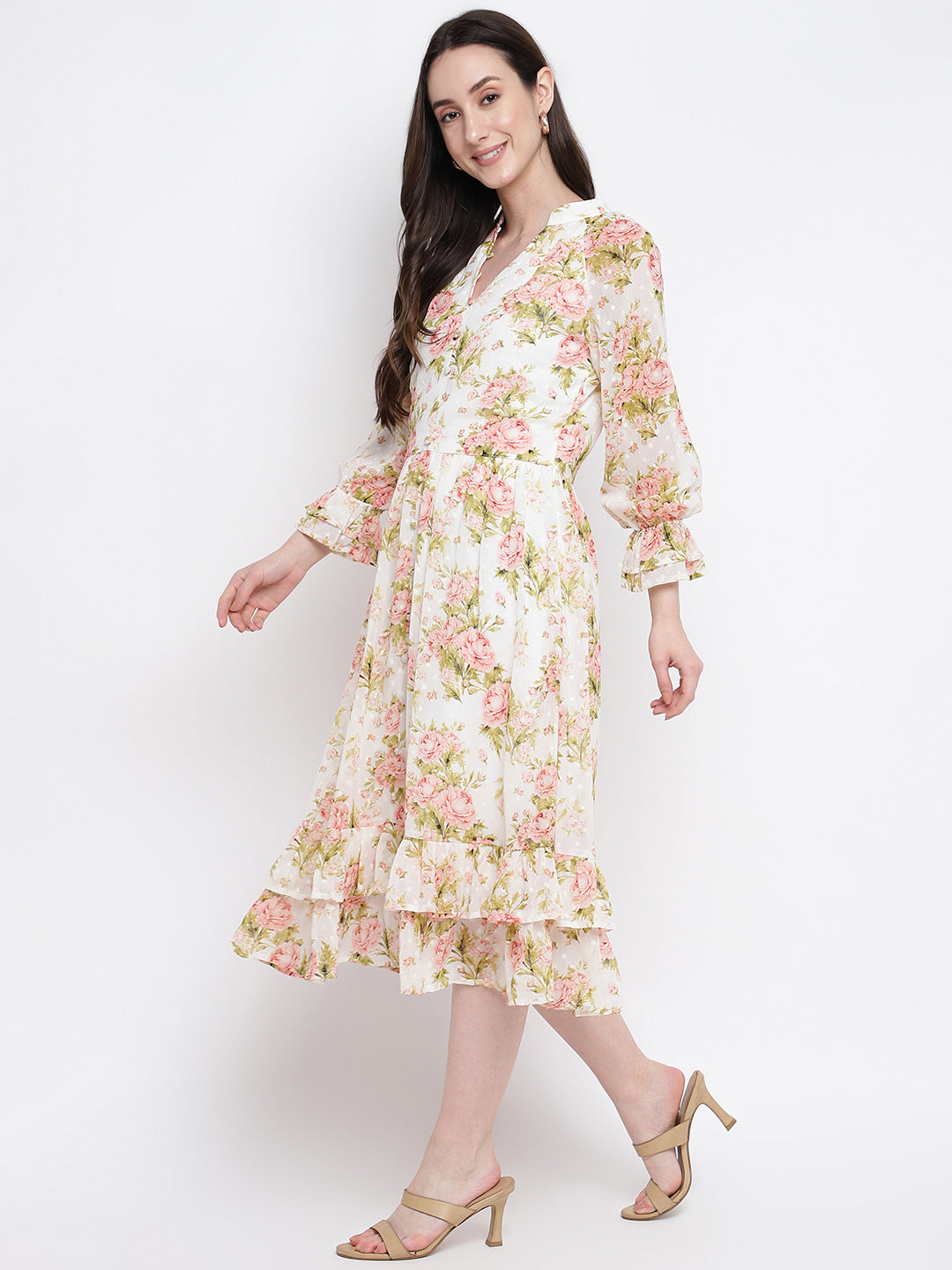 Red 3/4 Sleeve Printed Polyester Dress