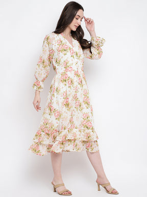 Red 3/4 Sleeve Printed Polyester Dress