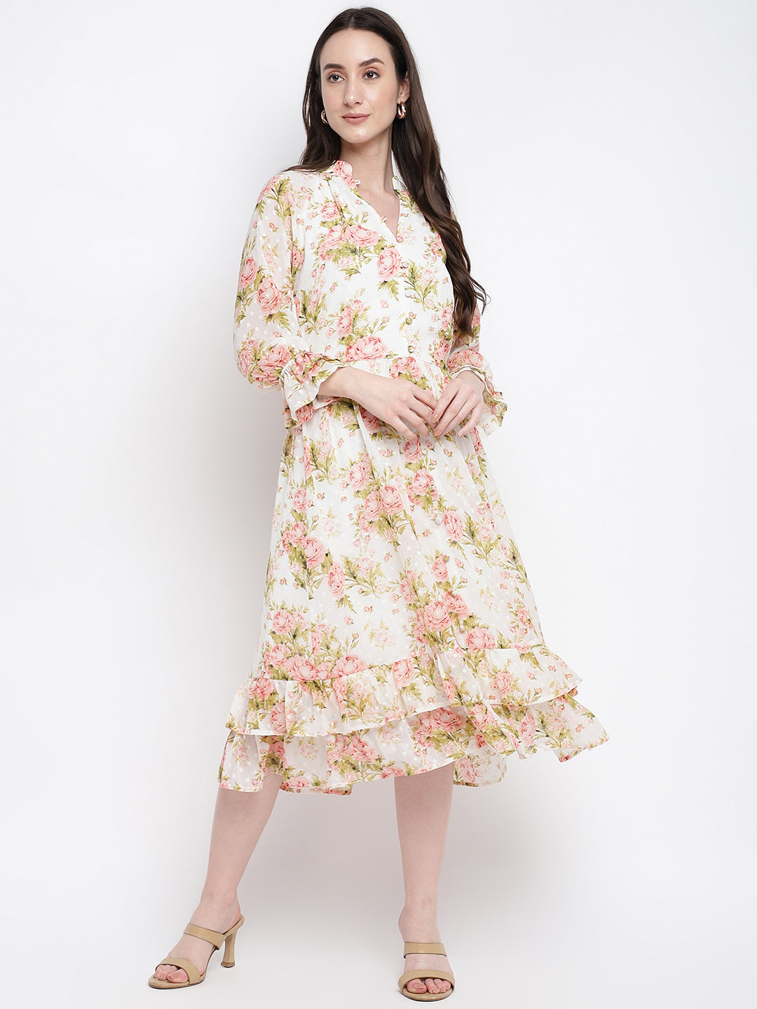 Red 3/4 Sleeve Printed Polyester Dress