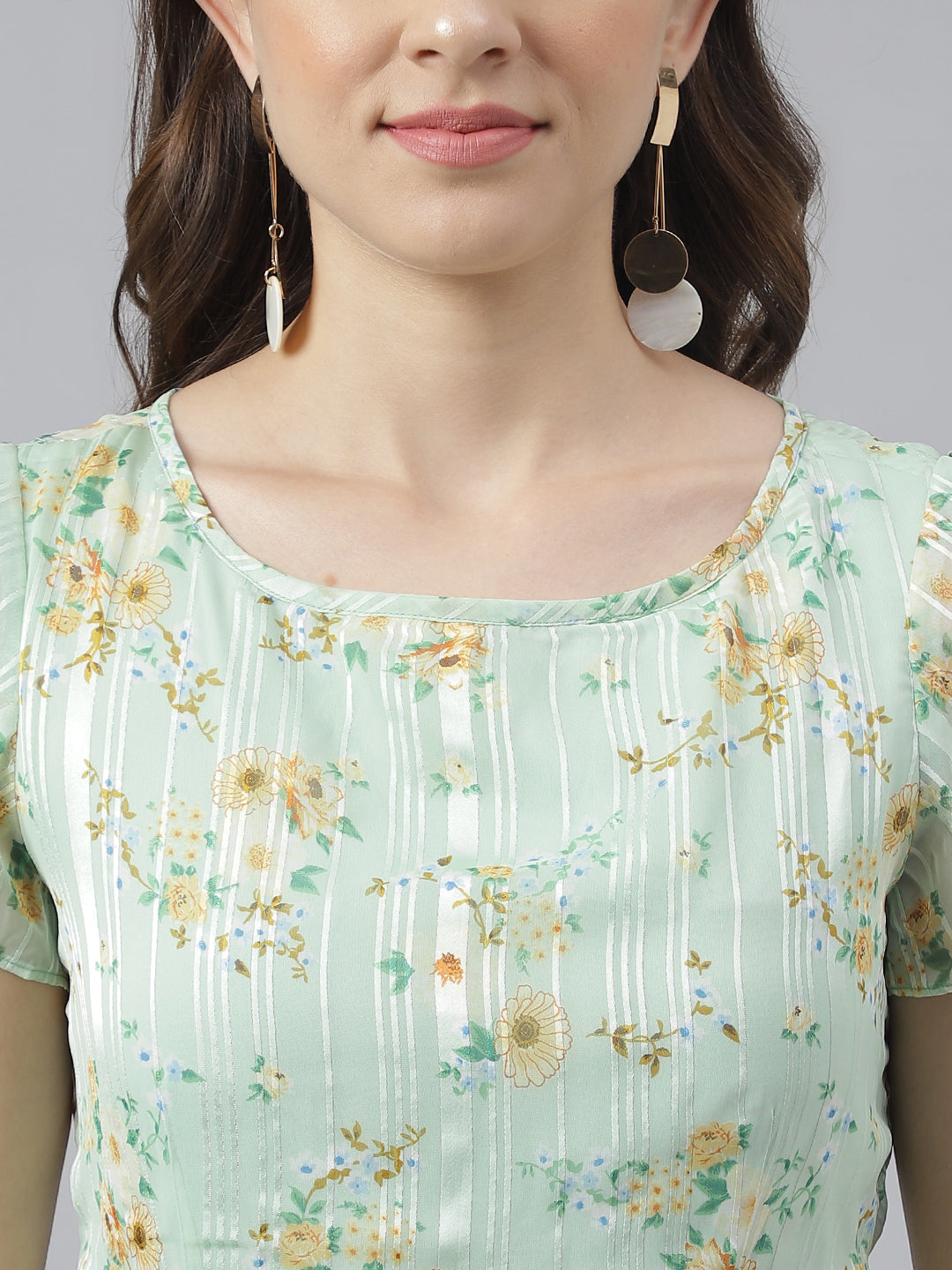 Green Floral Printed Cap Sleeve With Round Neck Asymmetric Dress