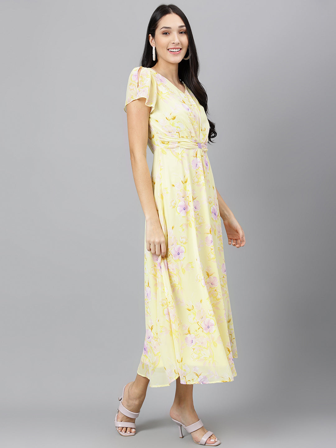 Yellow Printed Half Sleeves Casual Dress