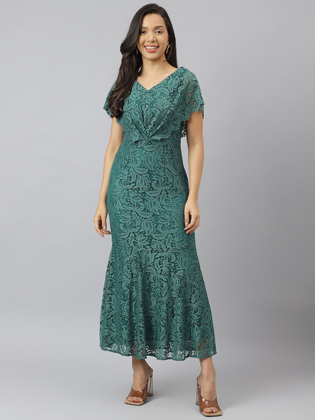 Green V Neck Short Sleeves Fit And Flare Maxi Dress For Casual Wear