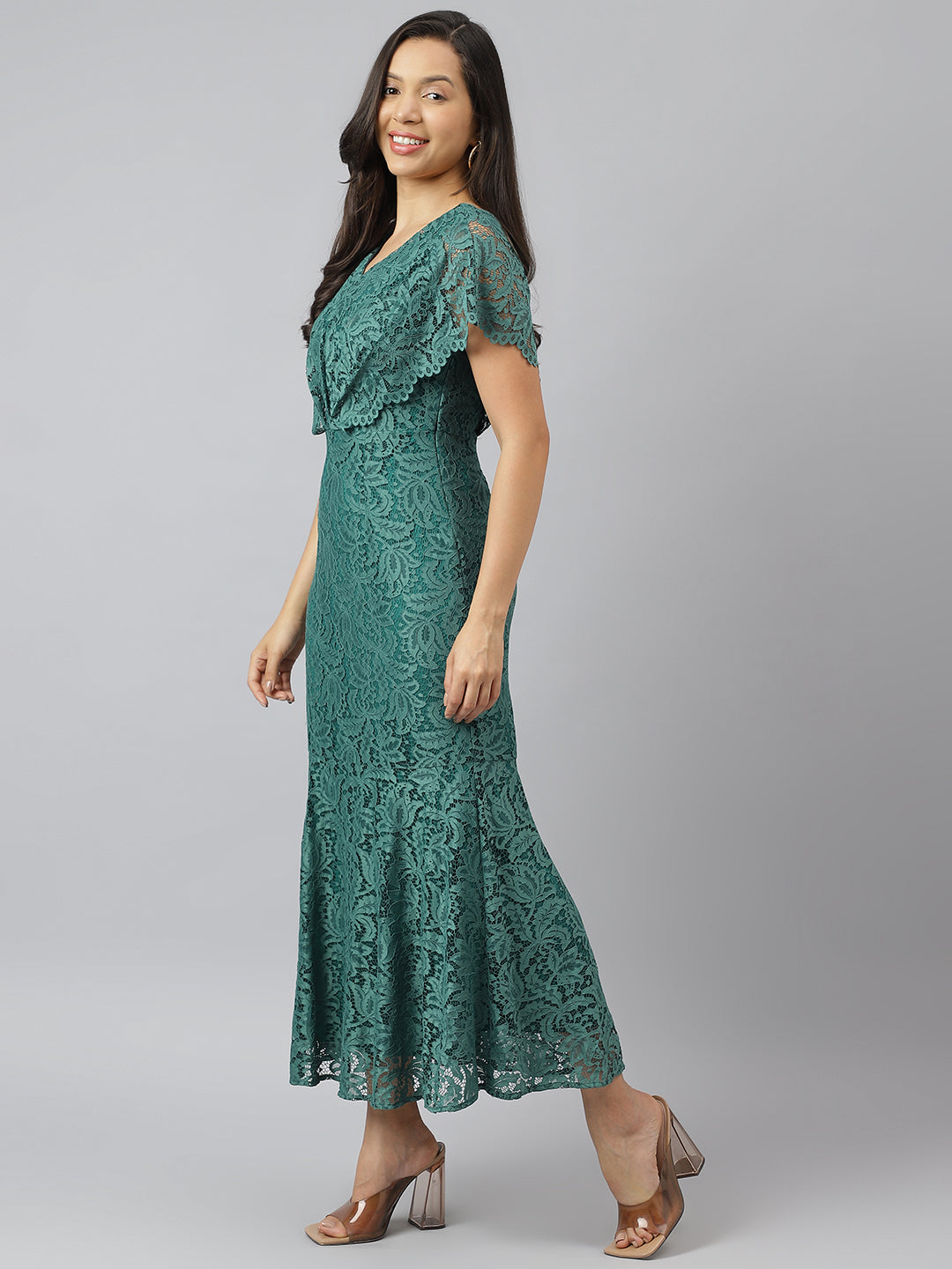 Green V Neck Short Sleeves Fit And Flare Maxi Dress For Casual Wear