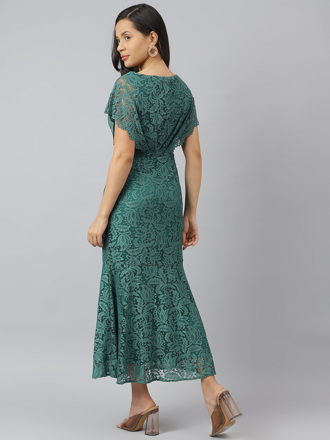 Green V Neck Short Sleeves Fit And Flare Maxi Dress For Casual Wear