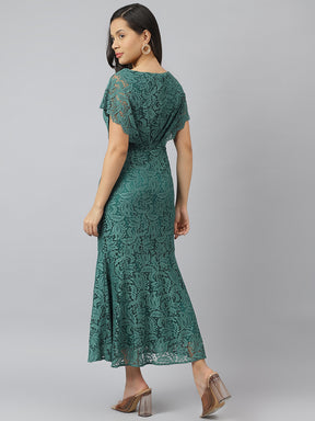 Green V Neck Short Sleeves Fit And Flare Maxi Dress For Casual Wear