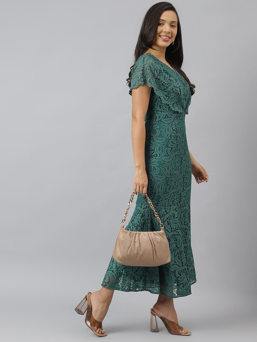 Green V Neck Short Sleeves Fit And Flare Maxi Dress For Casual Wear