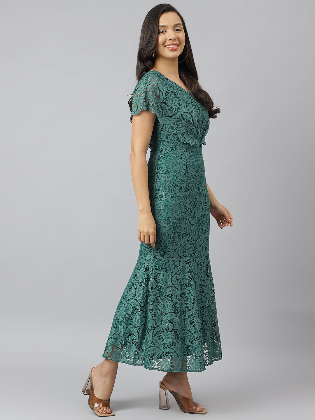 Green V Neck Short Sleeves Fit And Flare Maxi Dress For Casual Wear