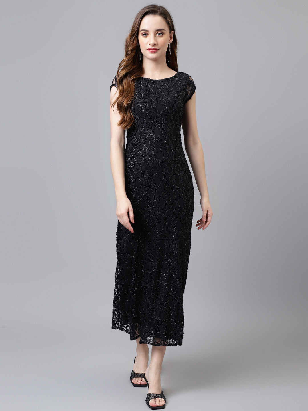 Black Cap Sleeve Round Neck Solid Women Maxi Dress For Party