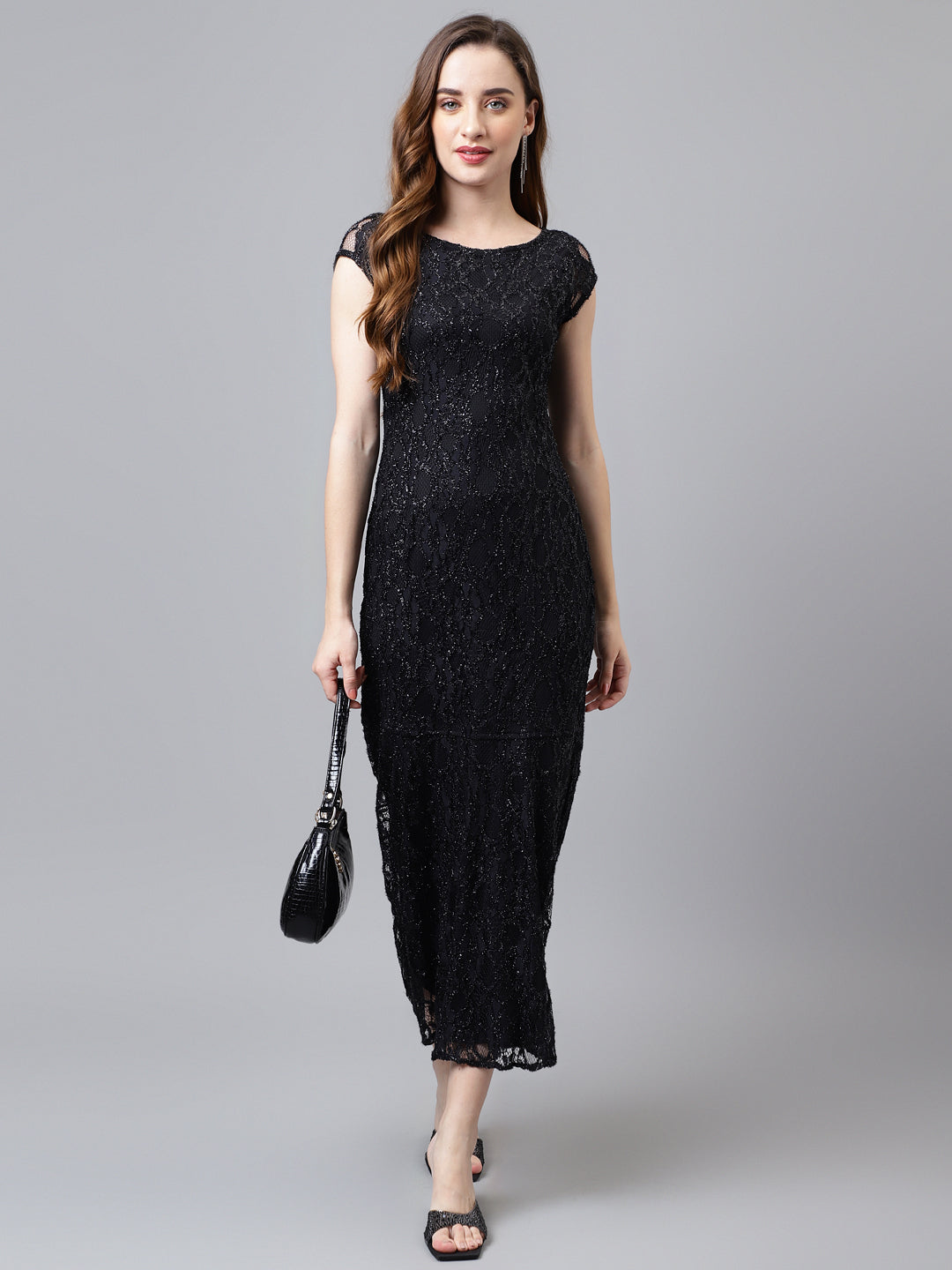 Black Cap Sleeve Round Neck Solid Women Maxi Dress For Party