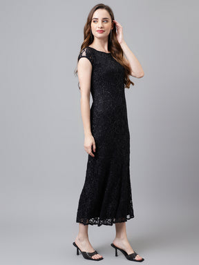 Black Cap Sleeve Round Neck Solid Women Maxi Dress For Party