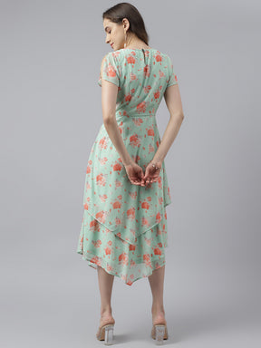 Green Floral Printed Cap Sleeve With Round Neck