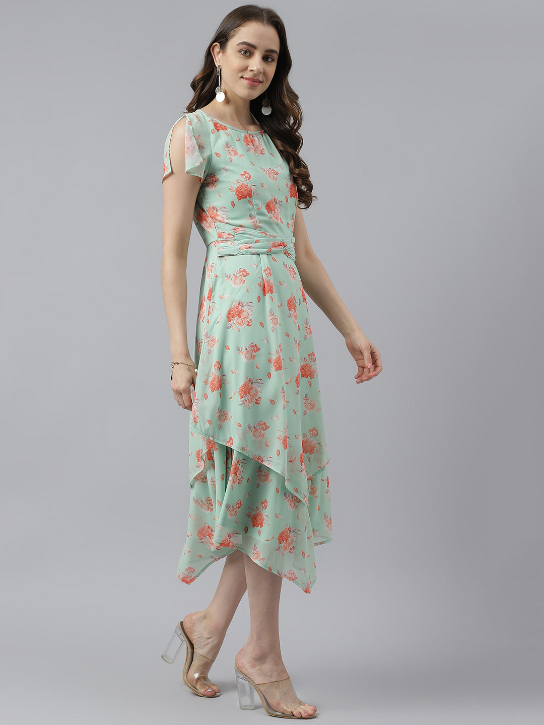 Green Floral Printed Cap Sleeve With Round Neck