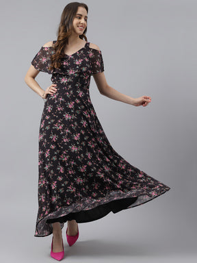 Latin Quarters Women's Black Half Sleeve Printed V-Neck Casual Dress