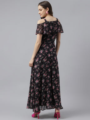 Latin Quarters Women's Black Half Sleeve Printed V-Neck Casual Dress