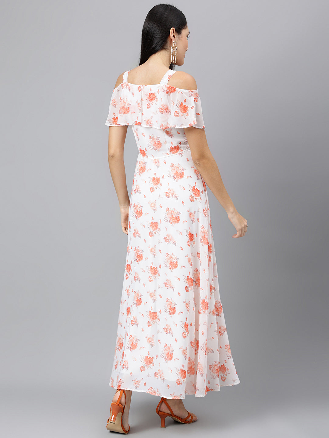 Orange Printed Sleeveless Casual Dress