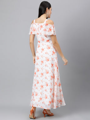 Orange Printed Sleeveless Casual Dress