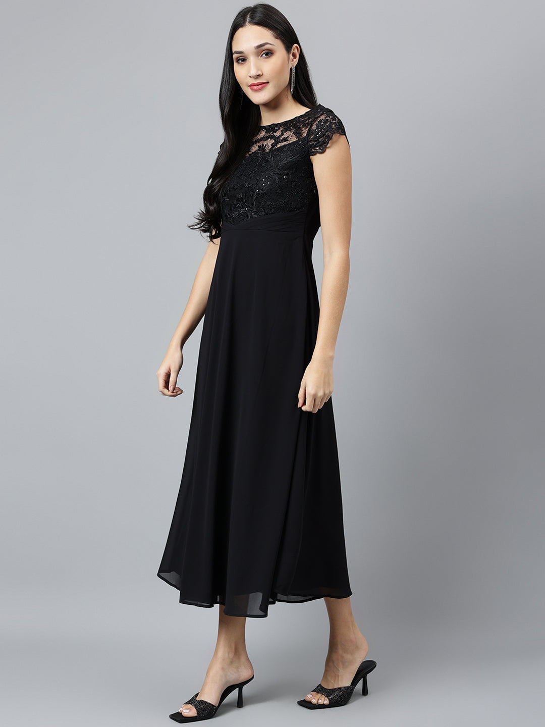 Black Solid Cap Sleeve Party Sequin Dress