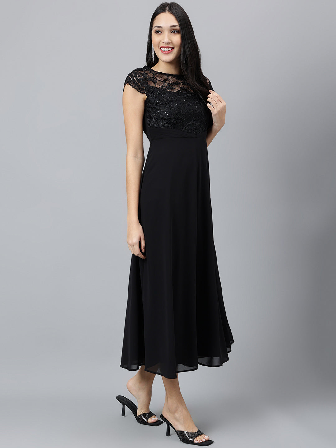 Black Solid Cap Sleeve Party Sequin Dress