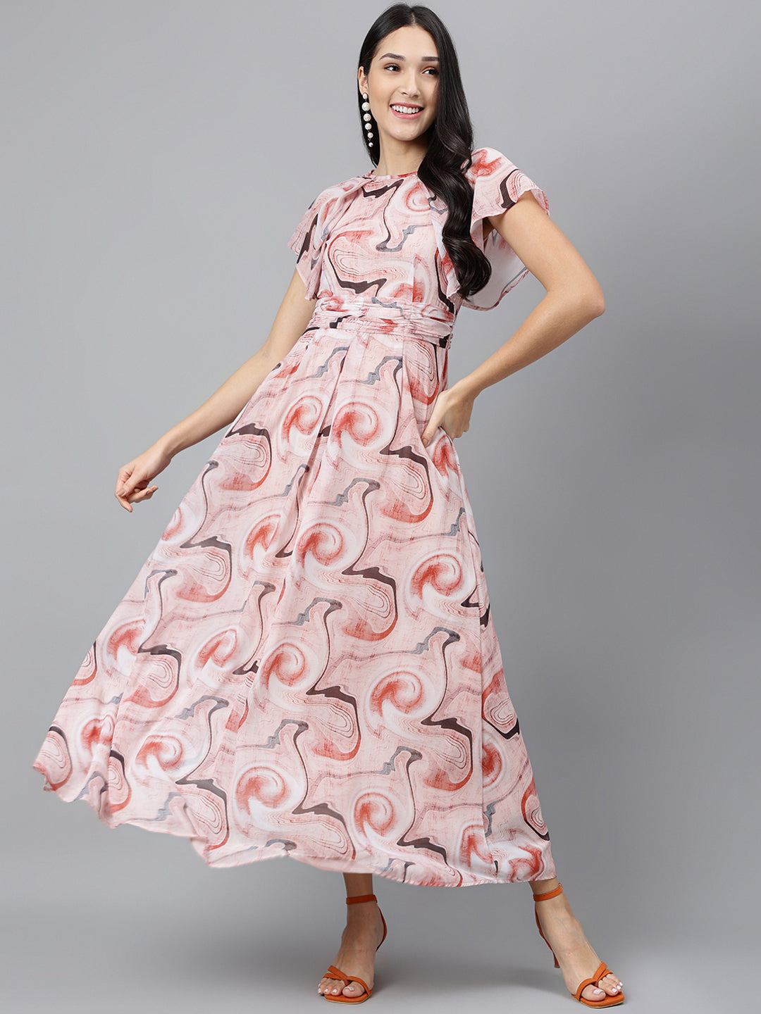 Beige Printed Cap Sleeve Casual Maxi Dress
